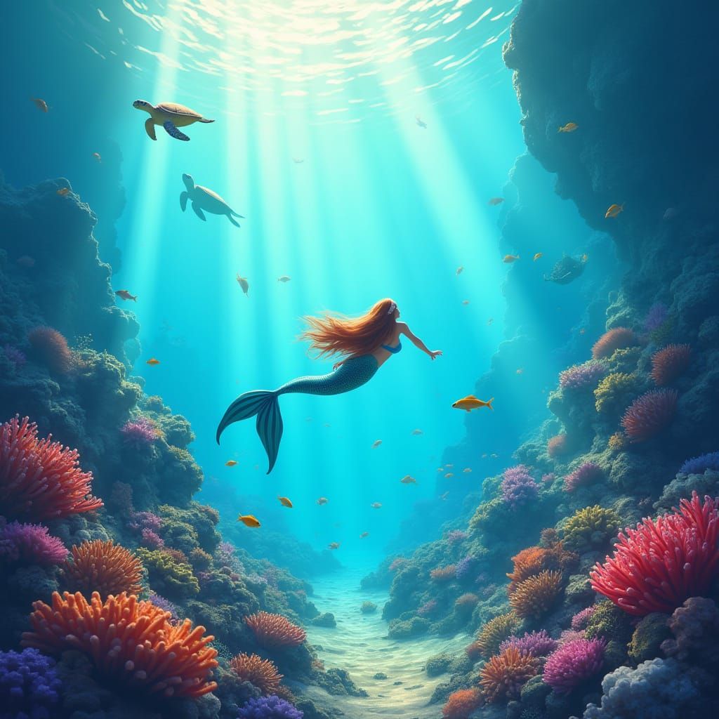 Underwater Mermaid Scene: Vibrant Digital Painting