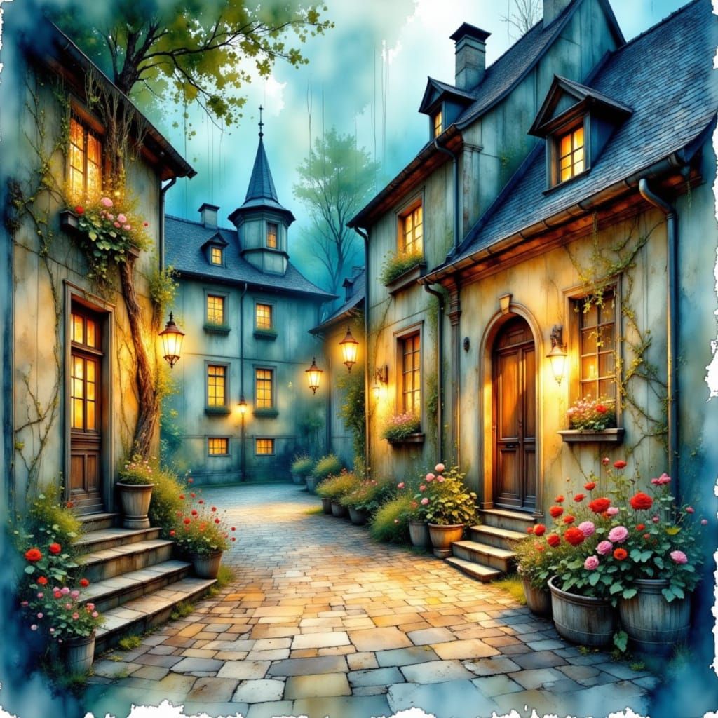 Magical European Village at Night in Watercolor Style