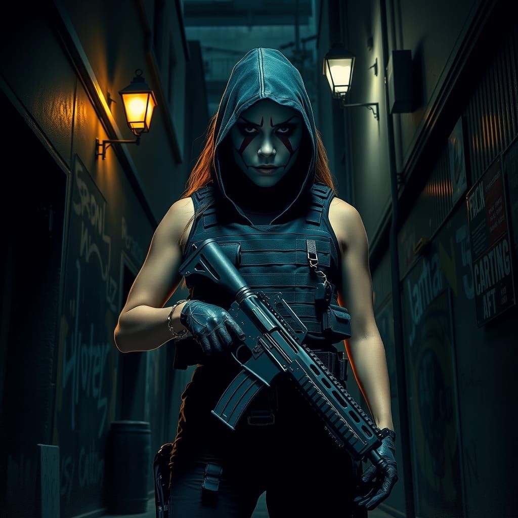 Ominous Masked Figure in Dark City Alleyway