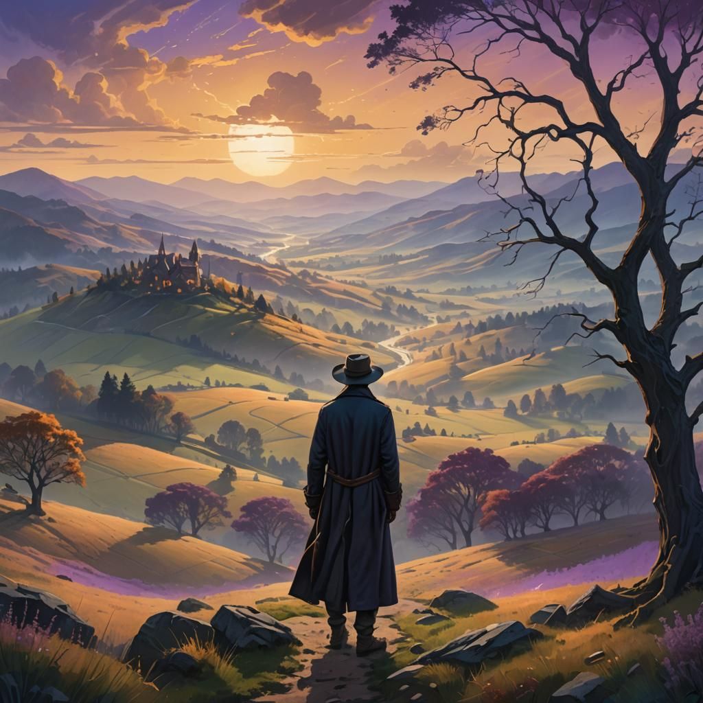 Mystical Landscape Art: Traveler Gazing at Fantasy Hills