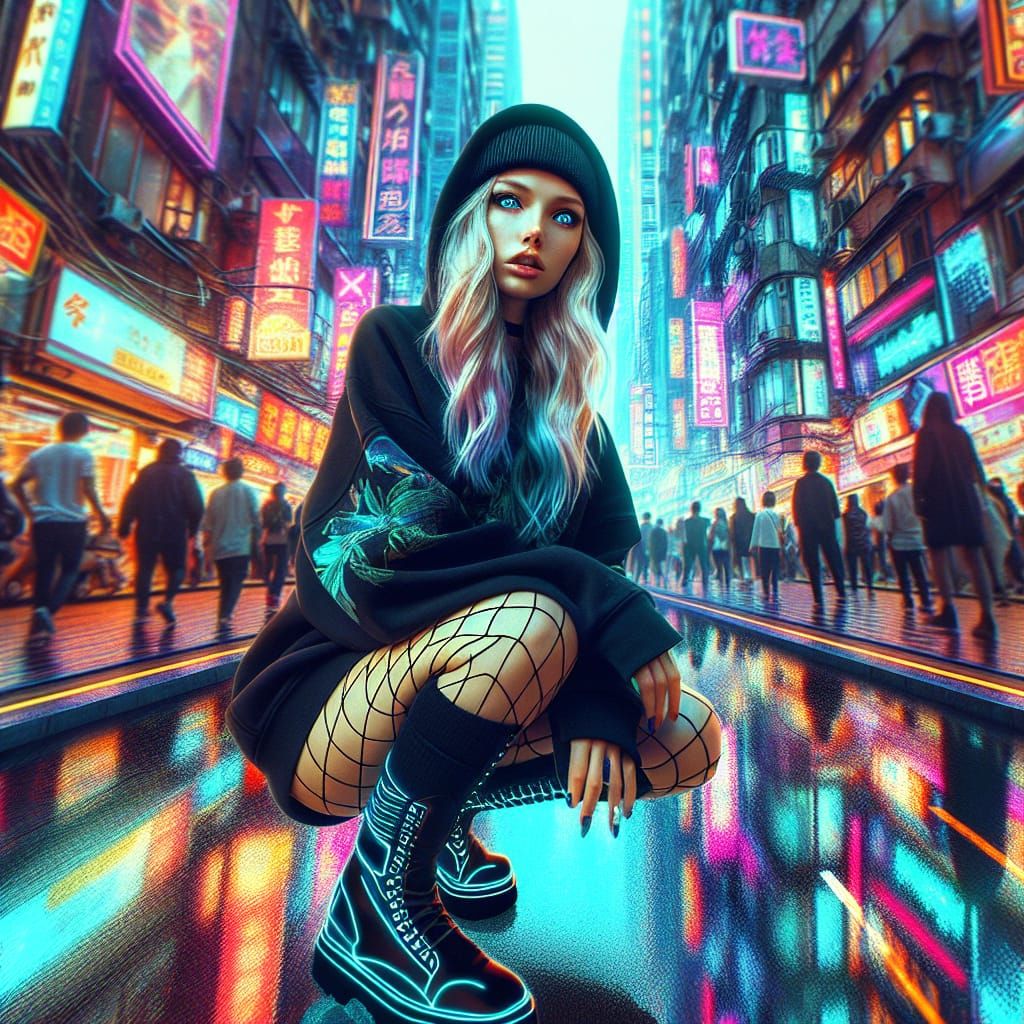 Cyberpunk Girl in Neon Cityscape in HDR
