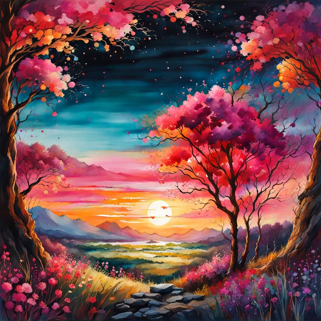 Bloodmoon Solar Eclipse Watercolor Summerscape Sunset