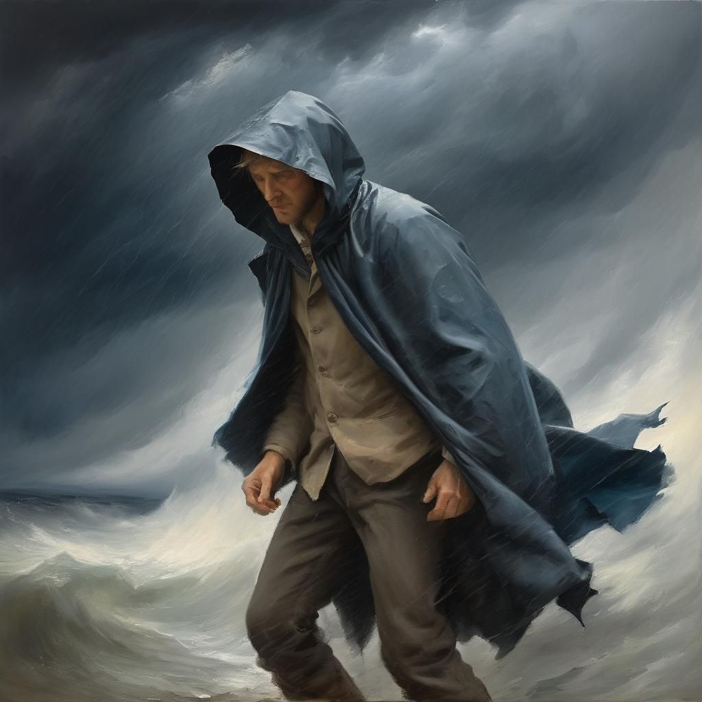 Traveler in Storm: Dramatic Oil Painting