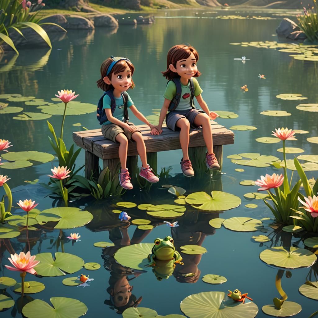 Children on Jetty with Fish, Pixar Style