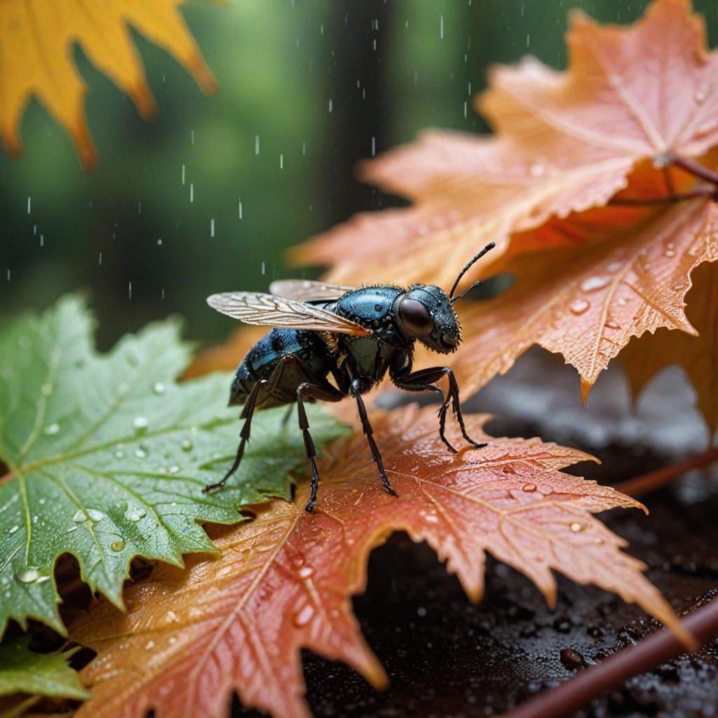 Tiny Insect Rides Maple Leaf in Turbulent Thunderstorm