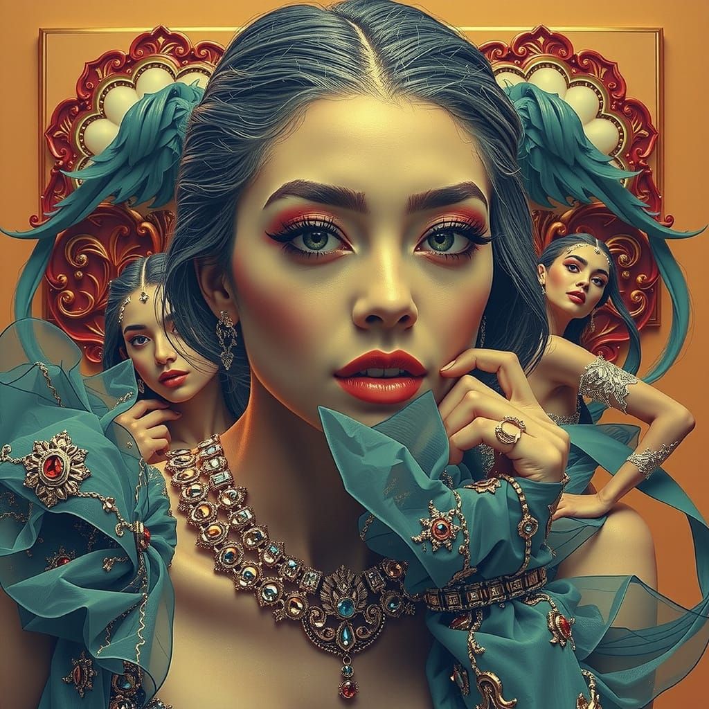 Elegant Women in Lavish Psychedelic Surrealist Scene