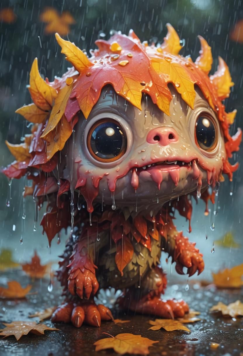 adorable cute chibi monster in the pouring rain, autumn leav...