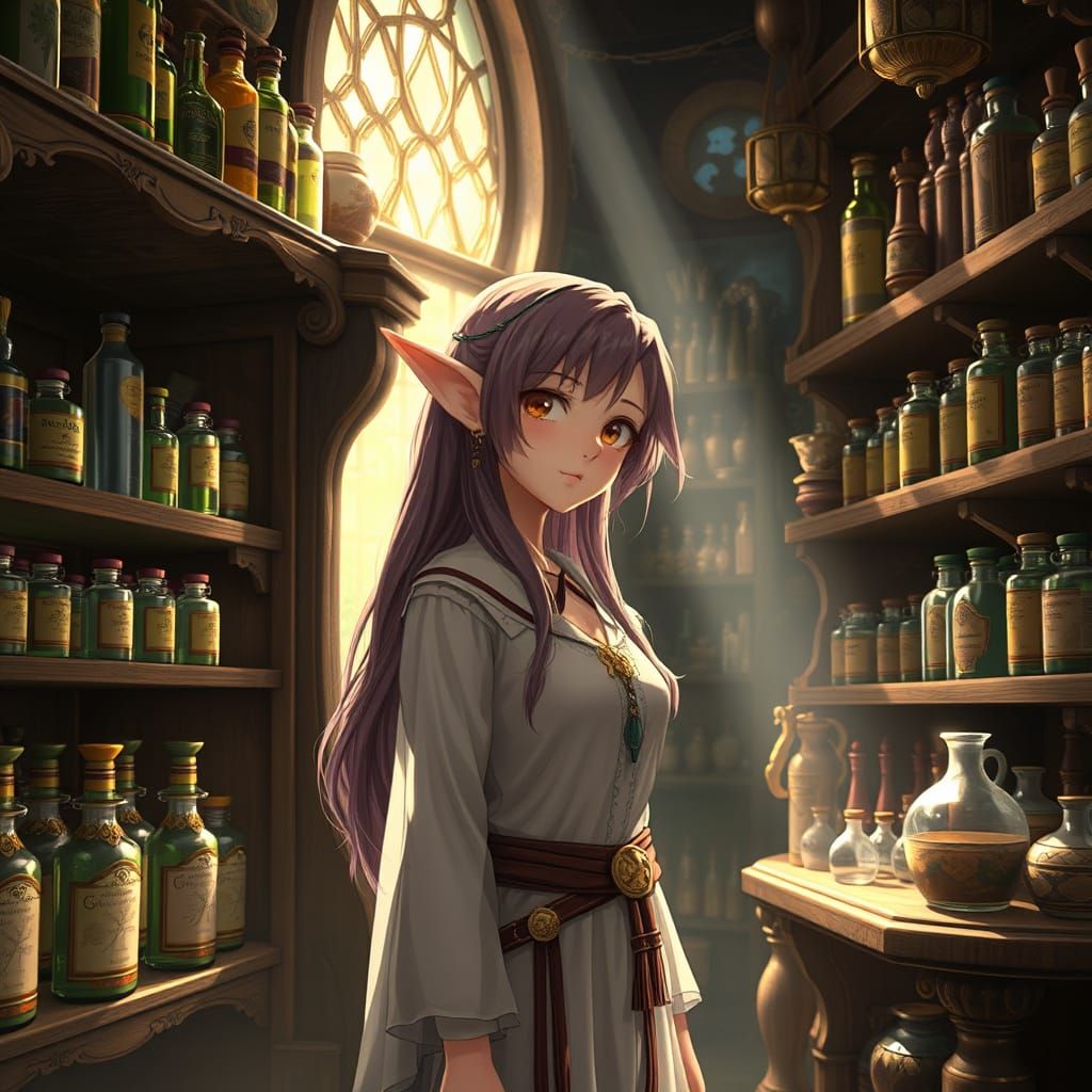 Elf in Ancient Apothecary Shop, Ghibli-Inspired Anime Art