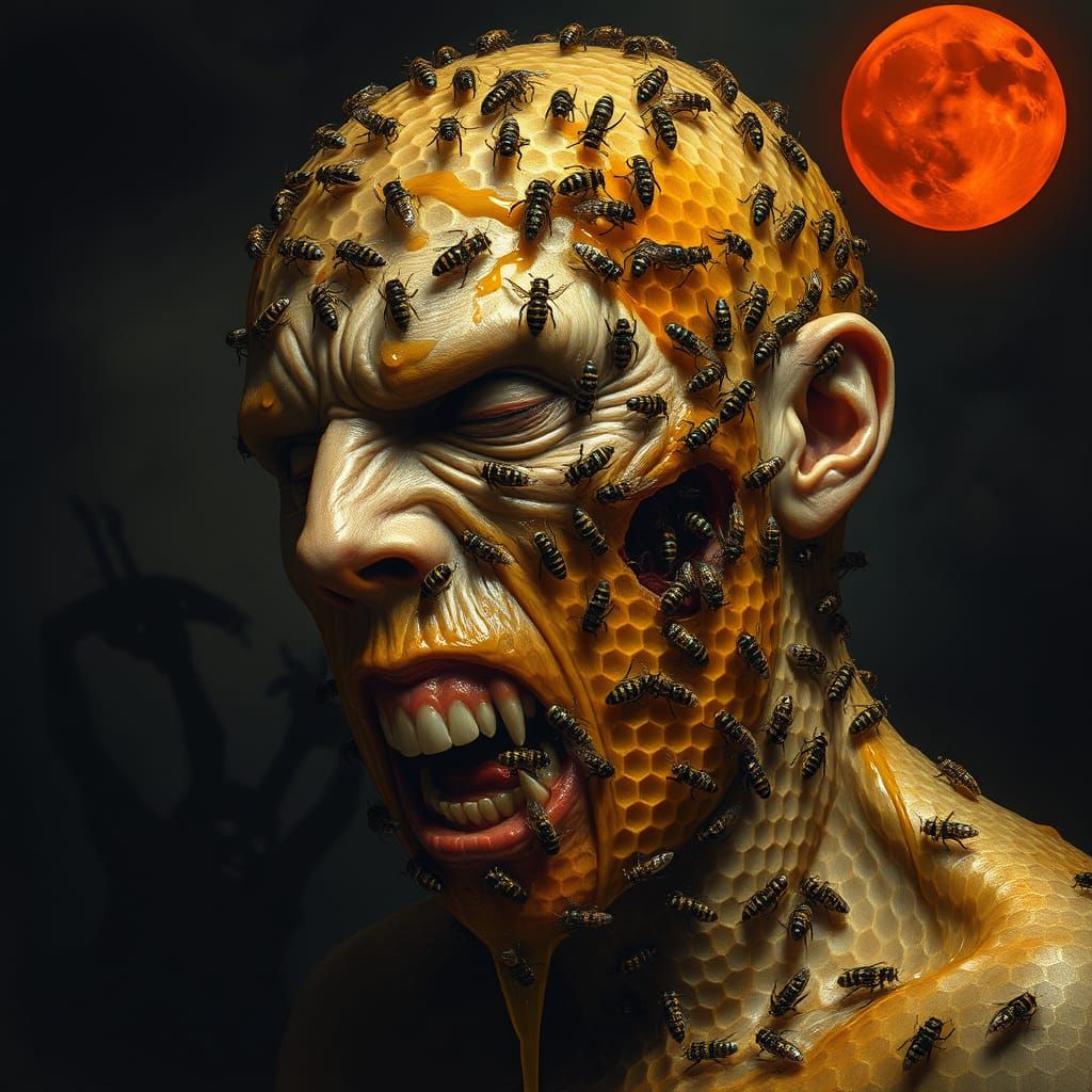 Grotesque Honeycomb Human Form Unveiled Under Crimson Moonli...