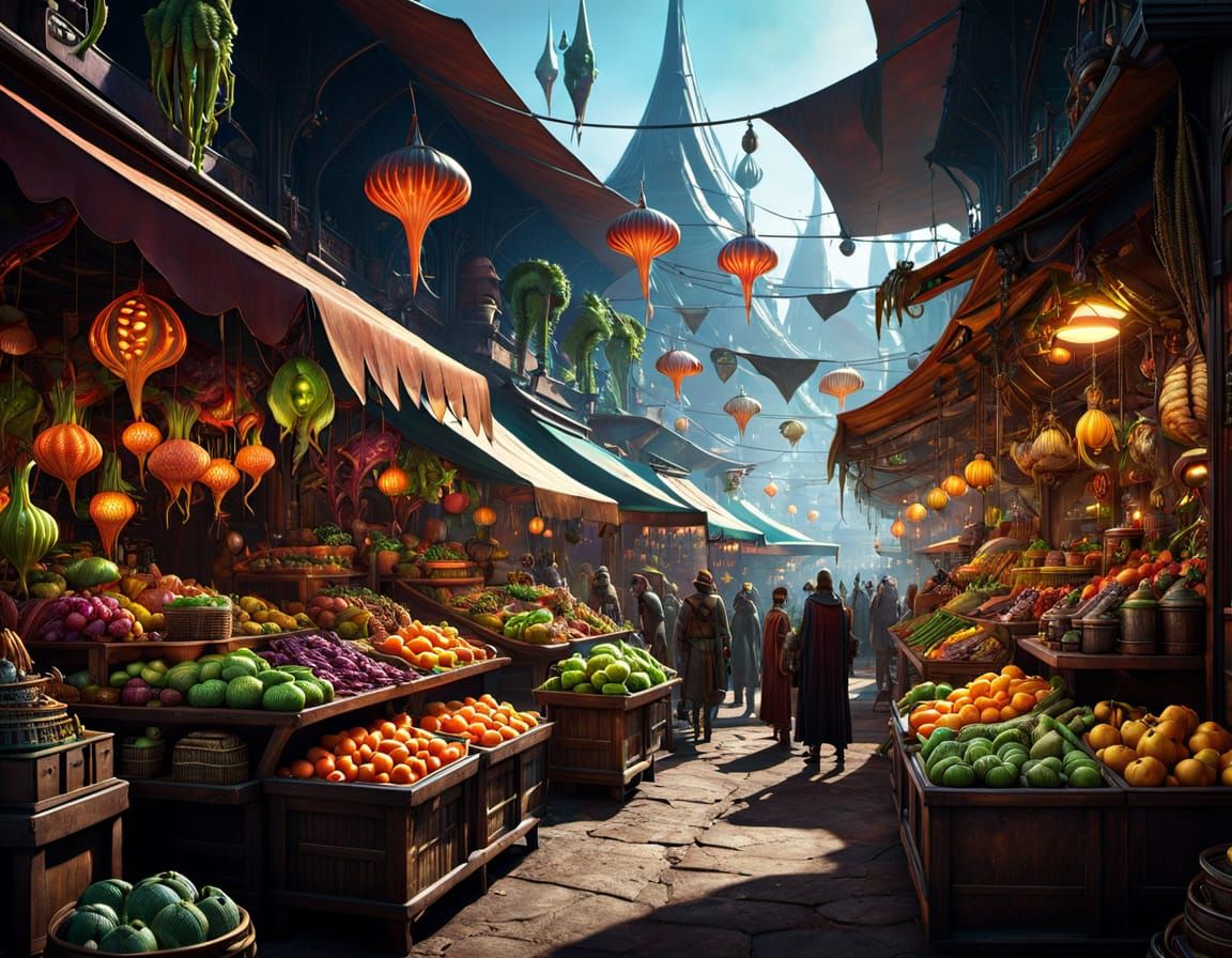 Bustling Alien Marketplace with Exotic Goods