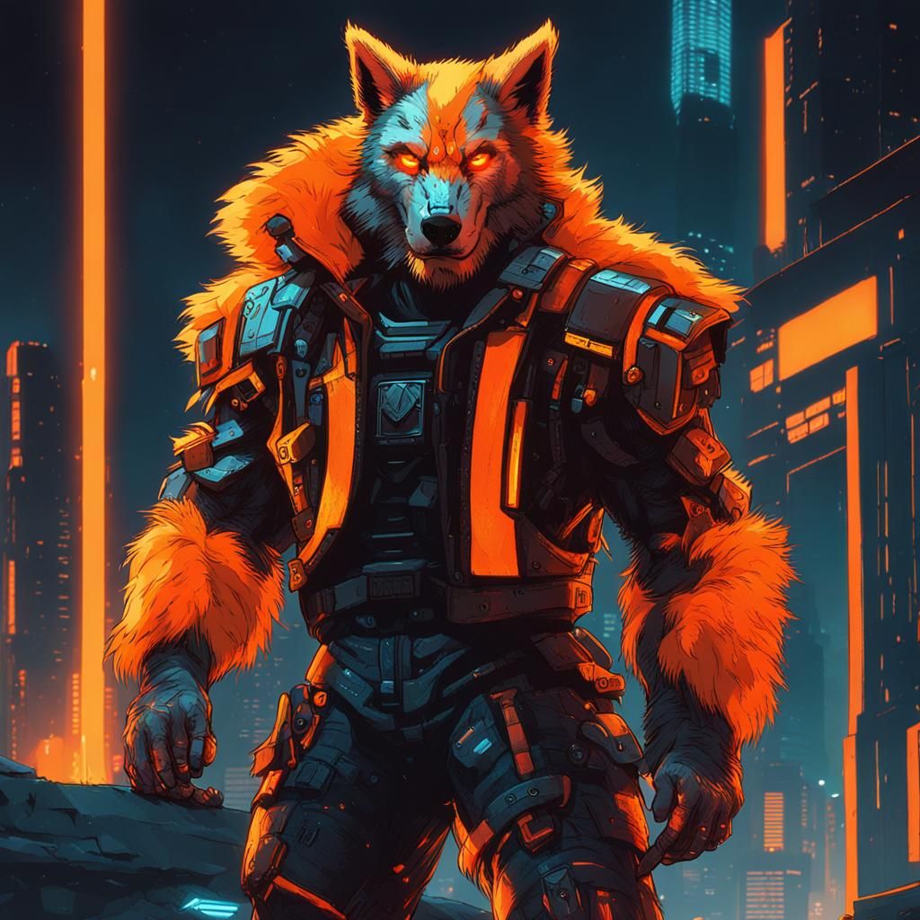 Cyberpunk Werewolf Warrior in Neon Future