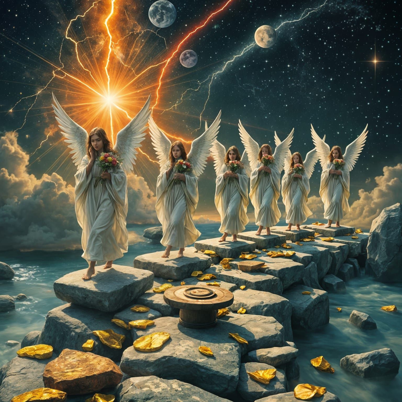 Angelic Procession in Cosmic Dreamscape with Kintsugi