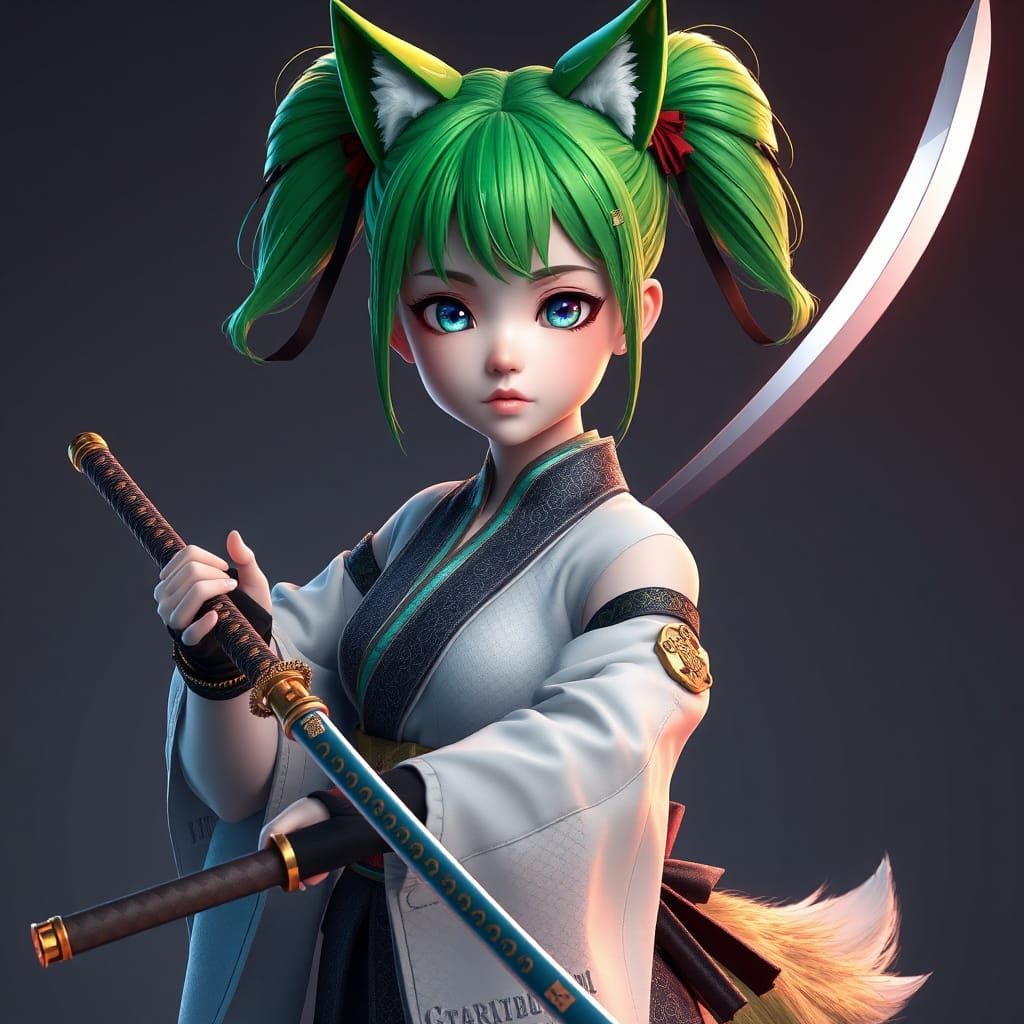 Anime Samurai Girl with Wolf Features in 3D