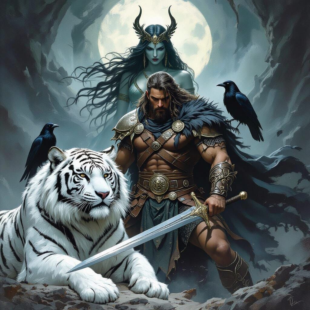 Celtic Warrior with White Tiger and Morrigan in Dark Fantasy...