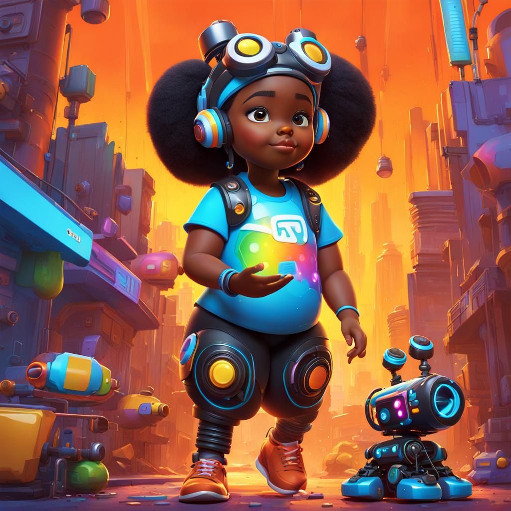 Girl Programs Robot: Graffiti Street Art Style