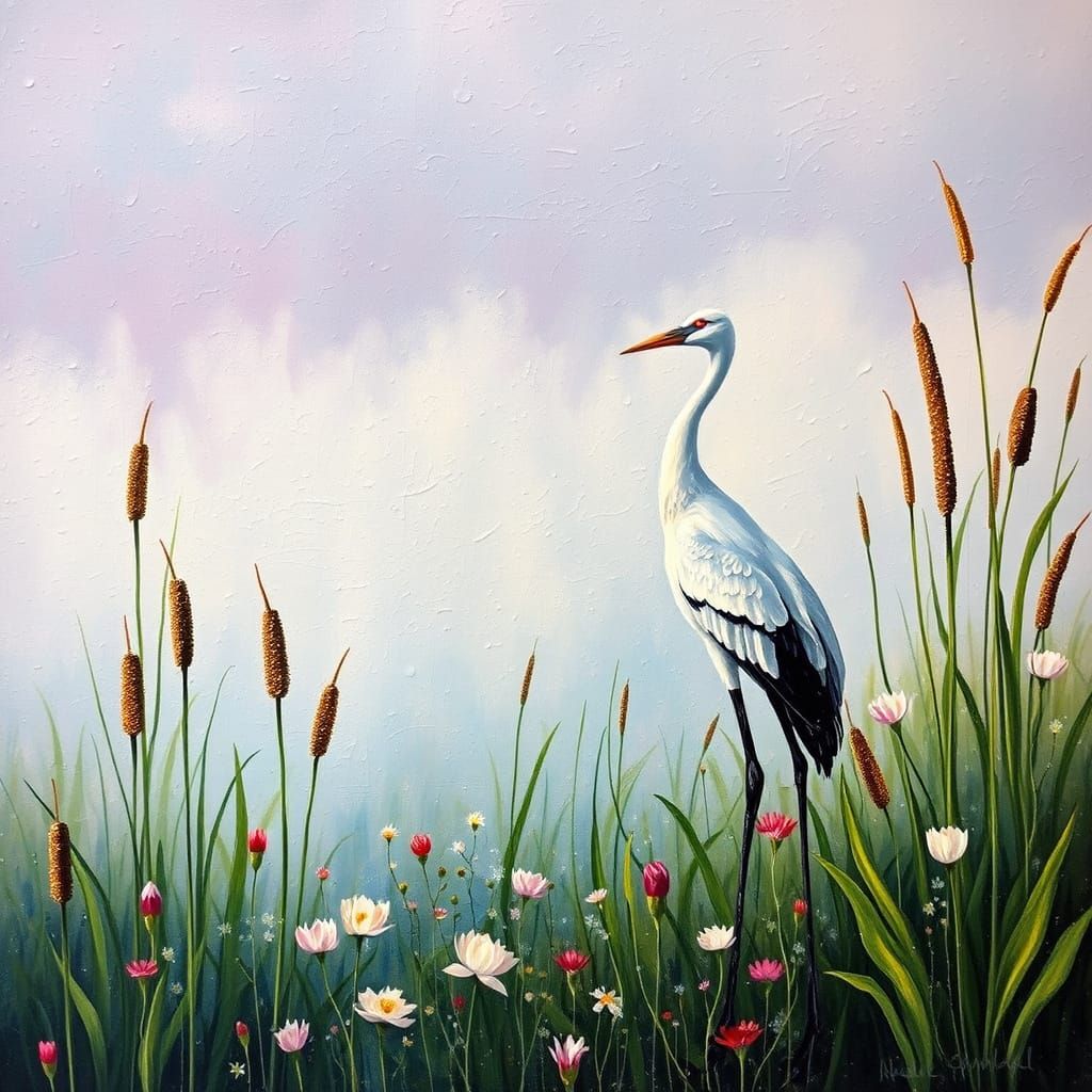 Pointillist Painting of Serene Lily Pond with Crane and Wild...