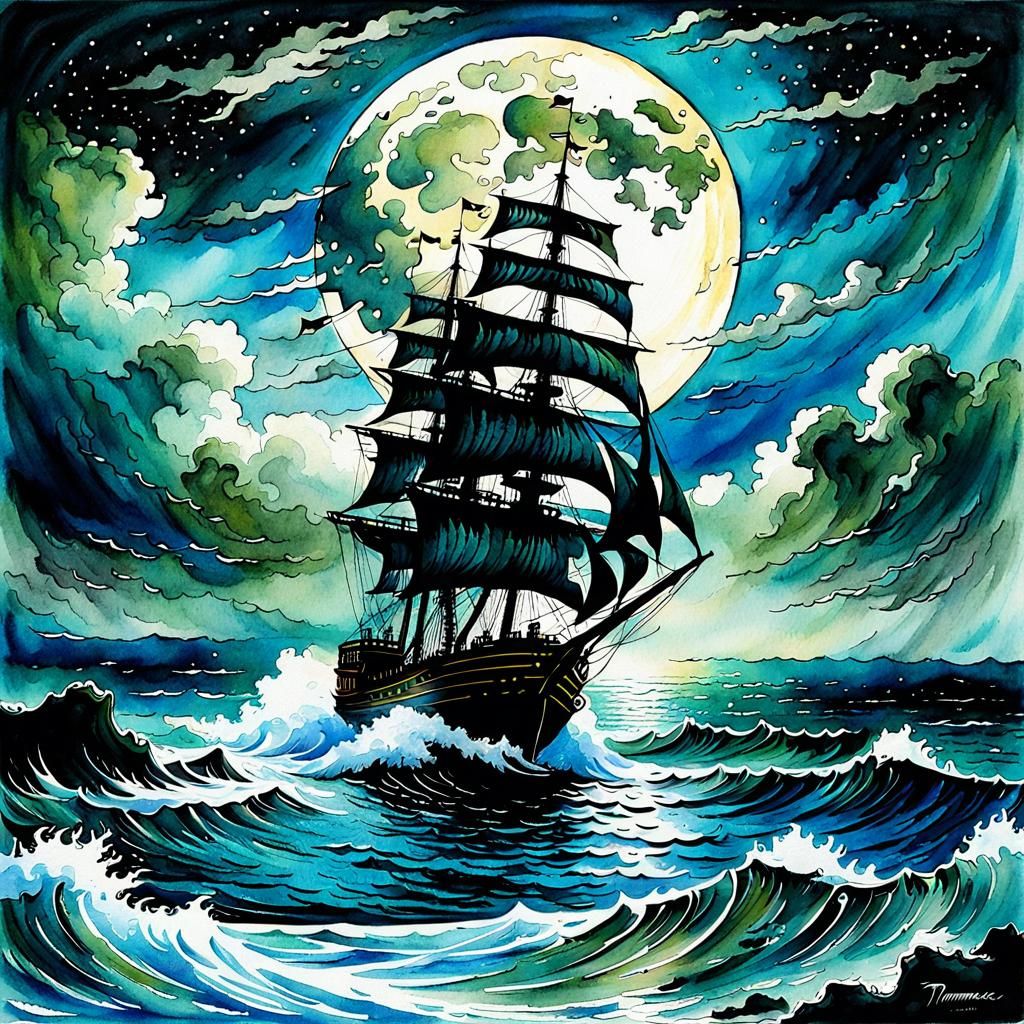 Galleon Ship on Rough Ocean in Watercolor Style