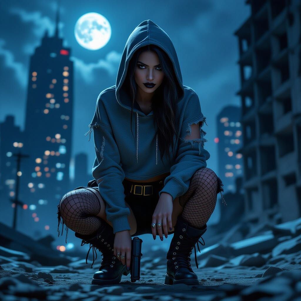 Dystopian Femme Smuggler in Ruined Cityscape