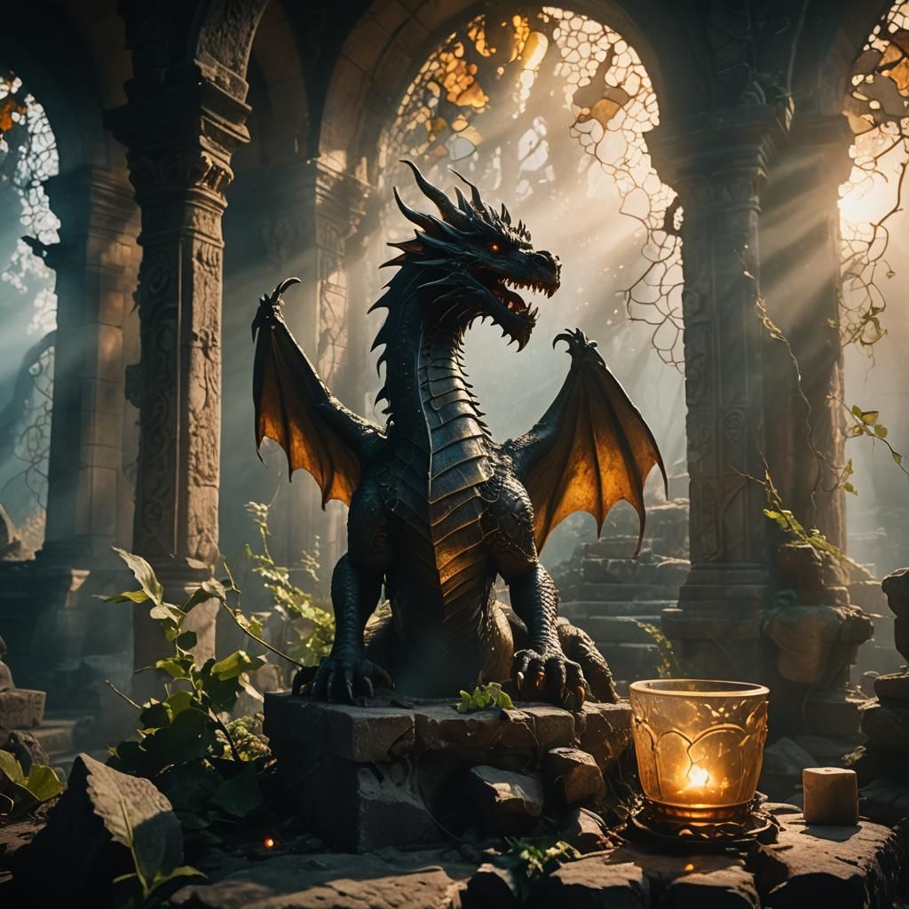 Glass Dragon on Altar in Ruined Temple