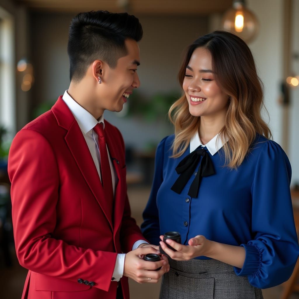 Indonesian Reporter in Red Suit Hands Film to Slovenian Repo...