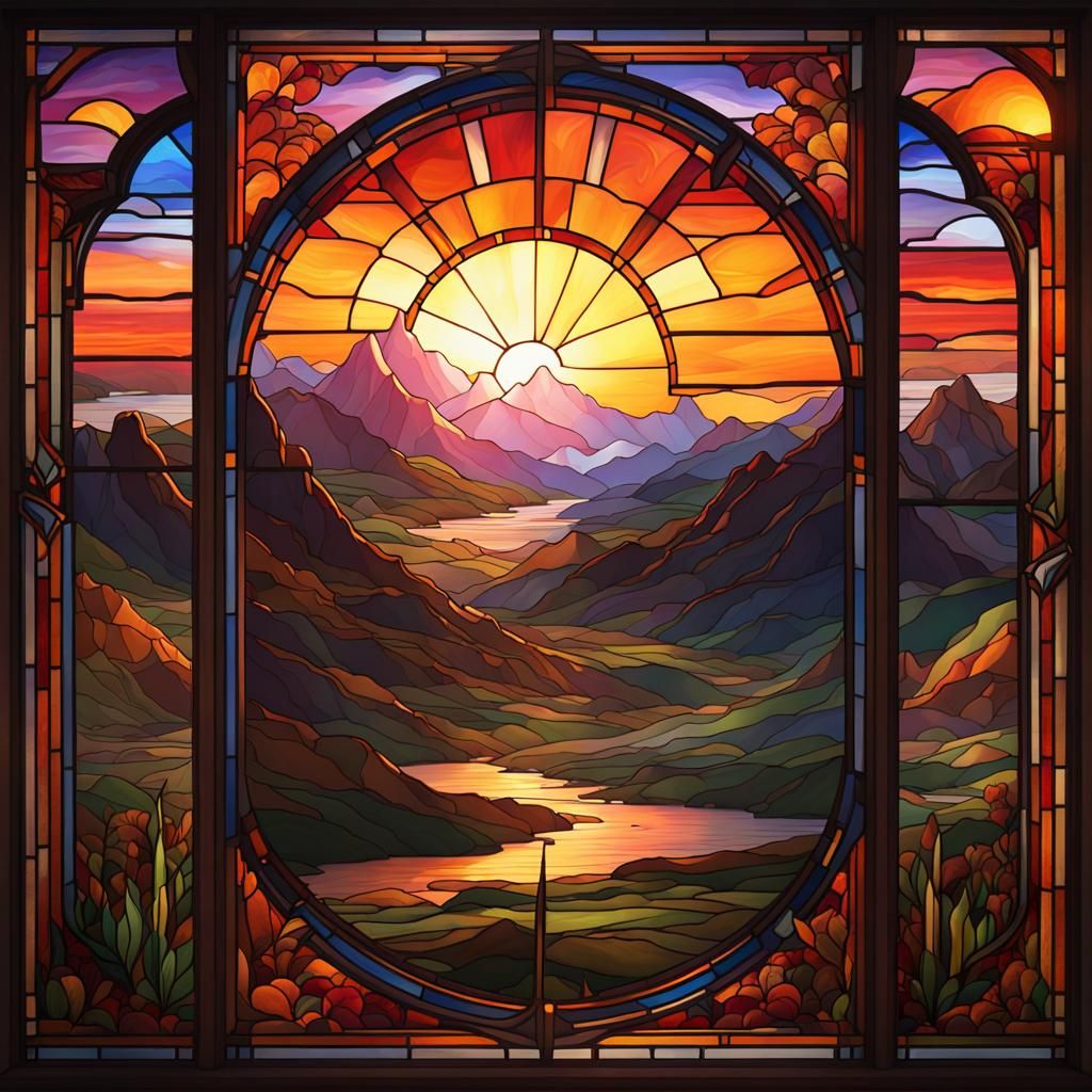 Stained Glass Sunrise Over Mountains: Detailed Matte Paintin...