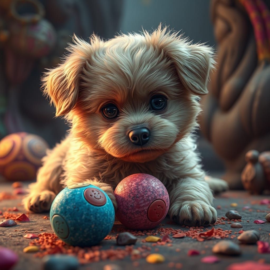 Hyperrealistic Dog Playing Ball in Fantasy Matte Painting