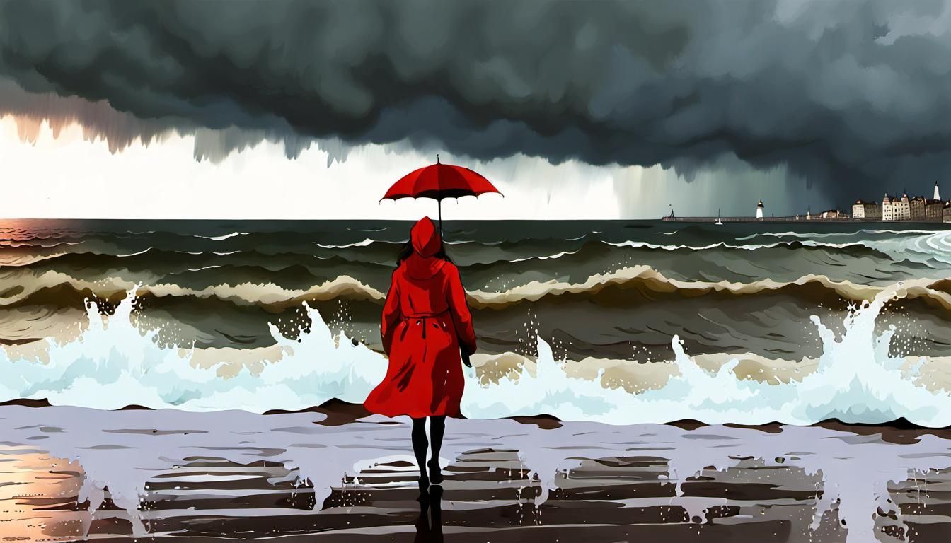 Girl in Red Raincoat: Impressionist Gouache Seascape