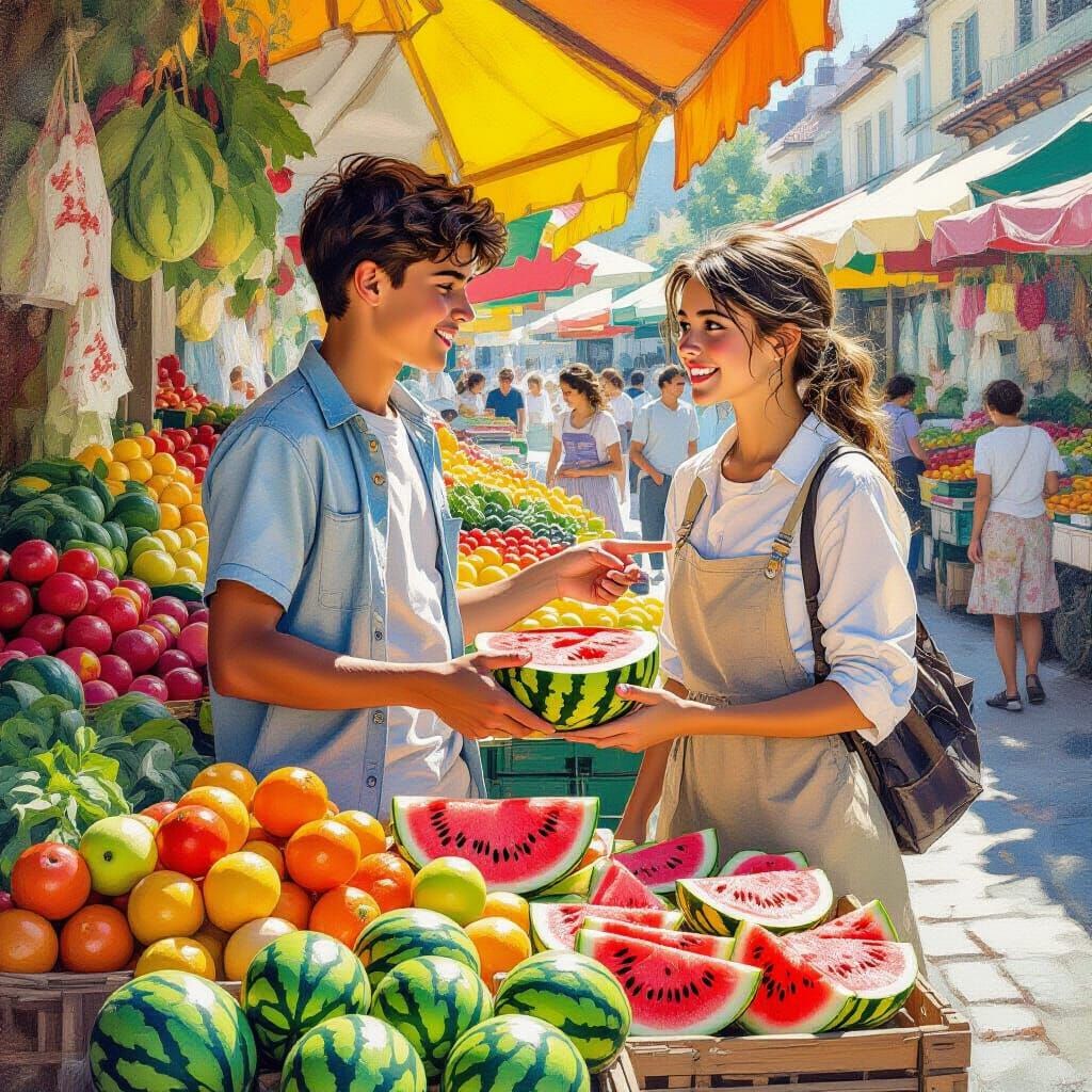 Teen Friends at Market in Rockwell Style