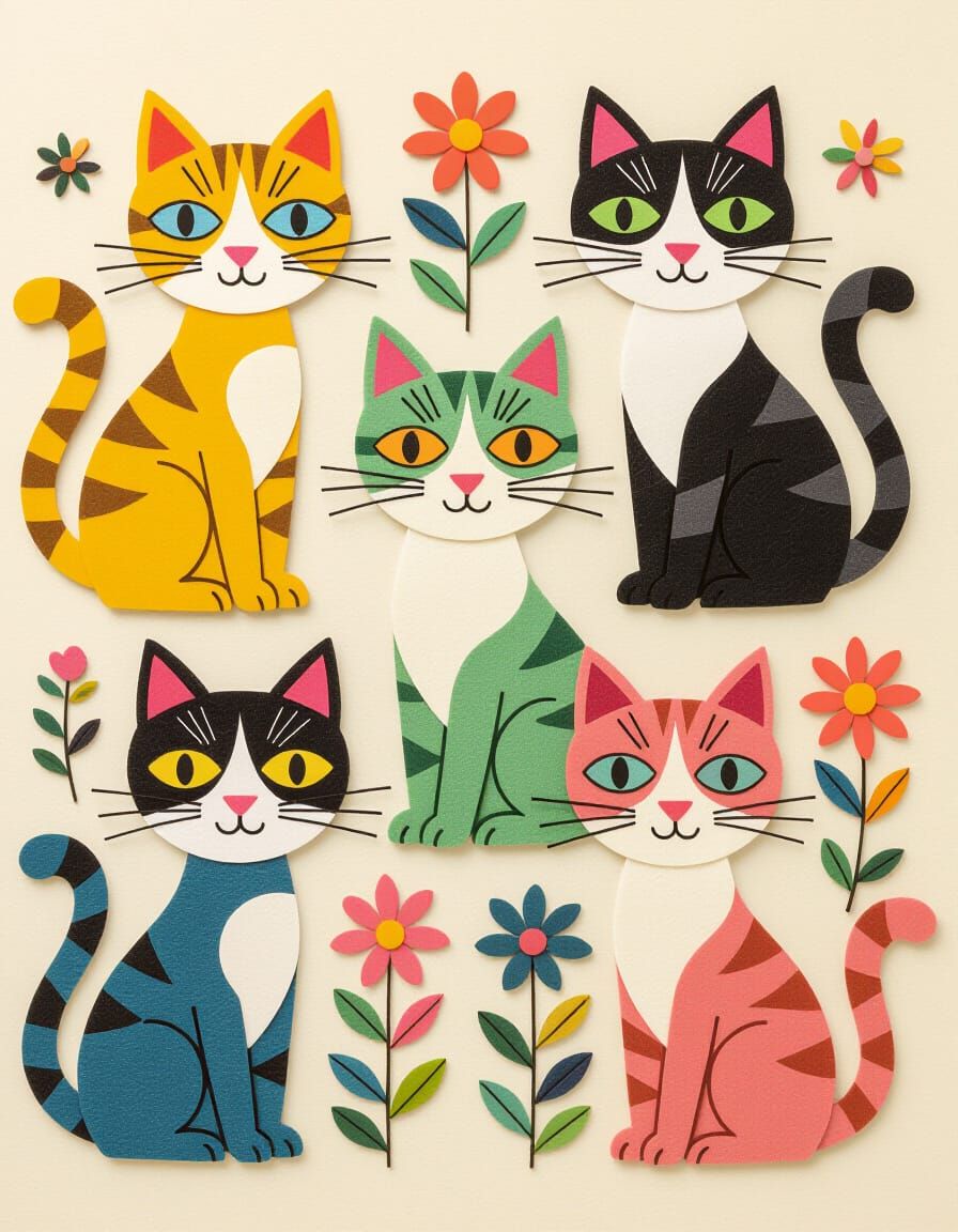 A cute illustration of cats made up of sheets of felt  that appear to be cut up layered and glued back together to make ...
