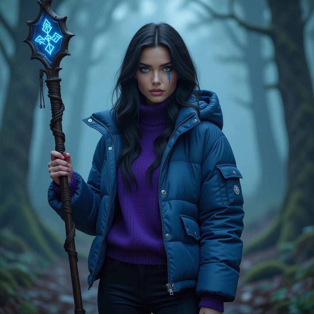 Woman with Runed Staff in Dark Fantasy Forest