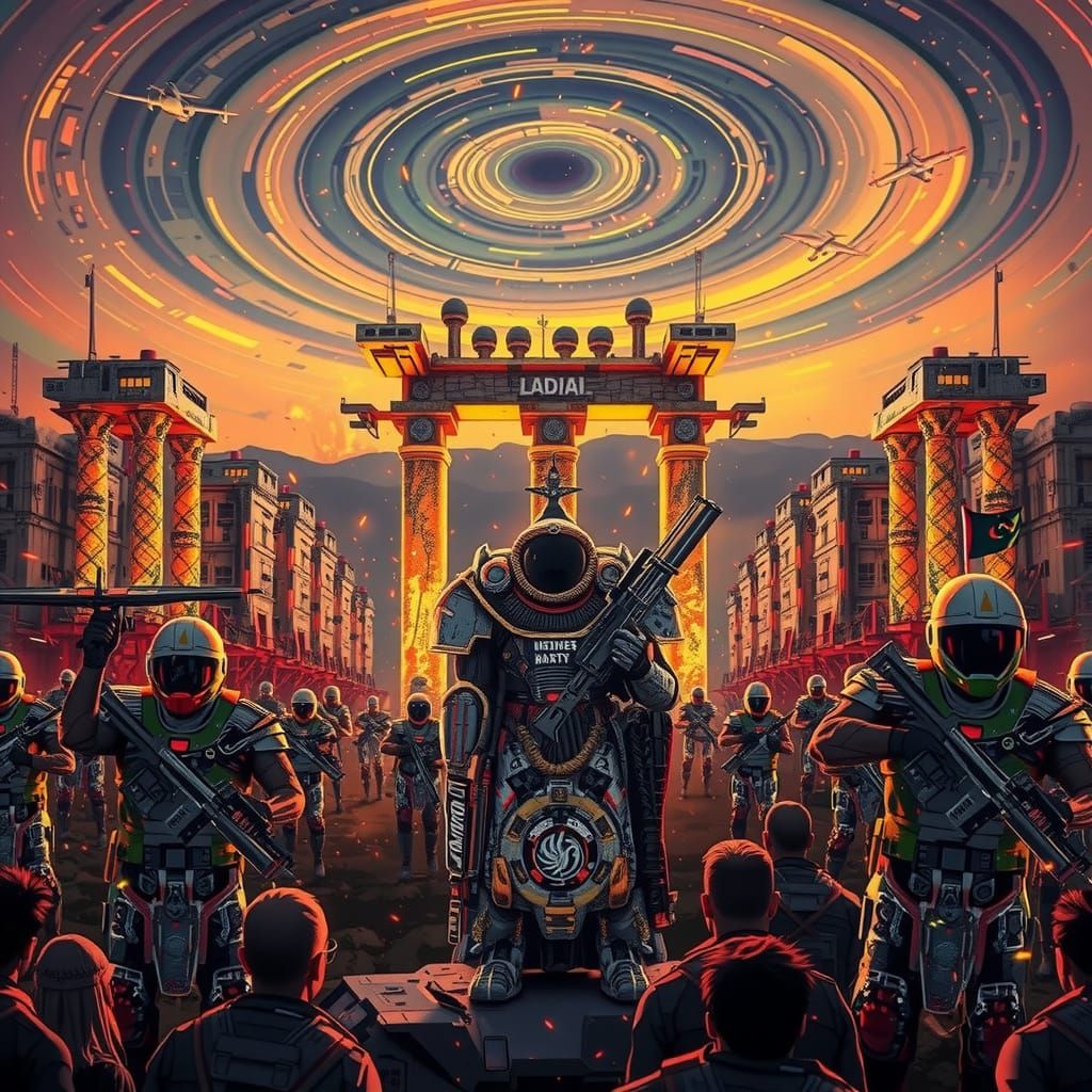 Cyberpunk War Zone in Futuristic Exosuits and Mech Units