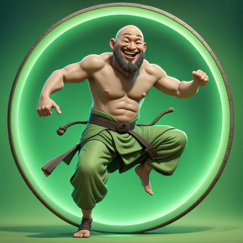 Smiling Monk Emerges From Circle: Pixar-Style 3D Art