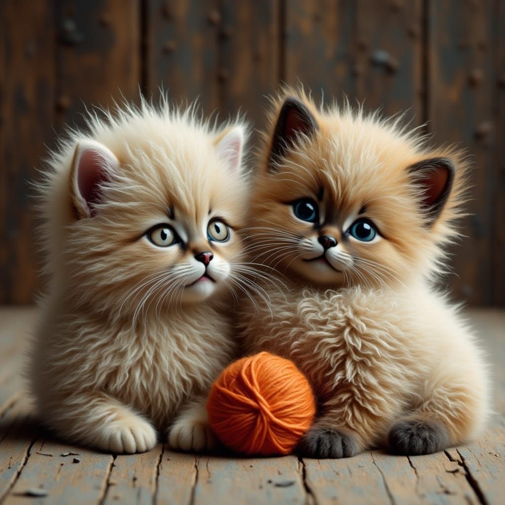 Kittens Play With Wool While Mother Watches