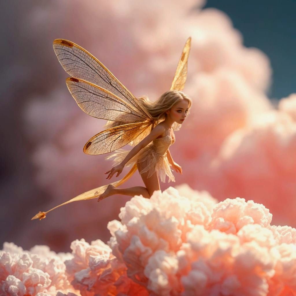 Fairy with Dragonfly Wings Flying in Pink Clouds