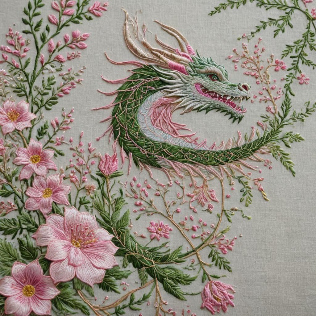 Botanical Dragon in Embroidered Floral Border