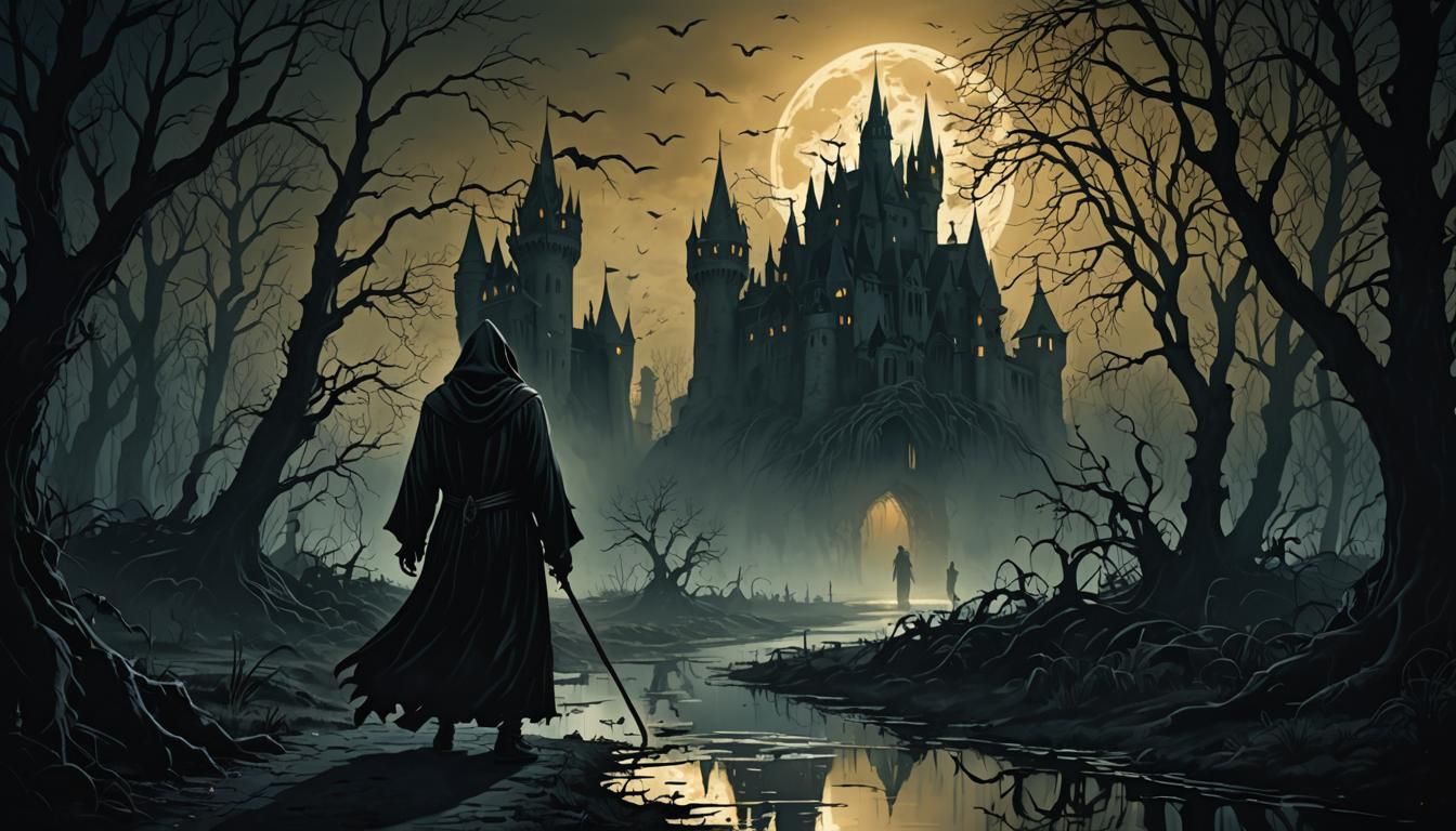 Grim Reaper in Gothic Swamp: Dark Fantasy Illustration