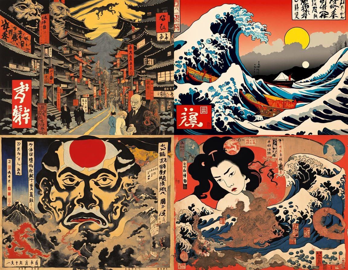 Surreal Japanese Metropolis at Night, Ukiyo-e Inspired Horro...
