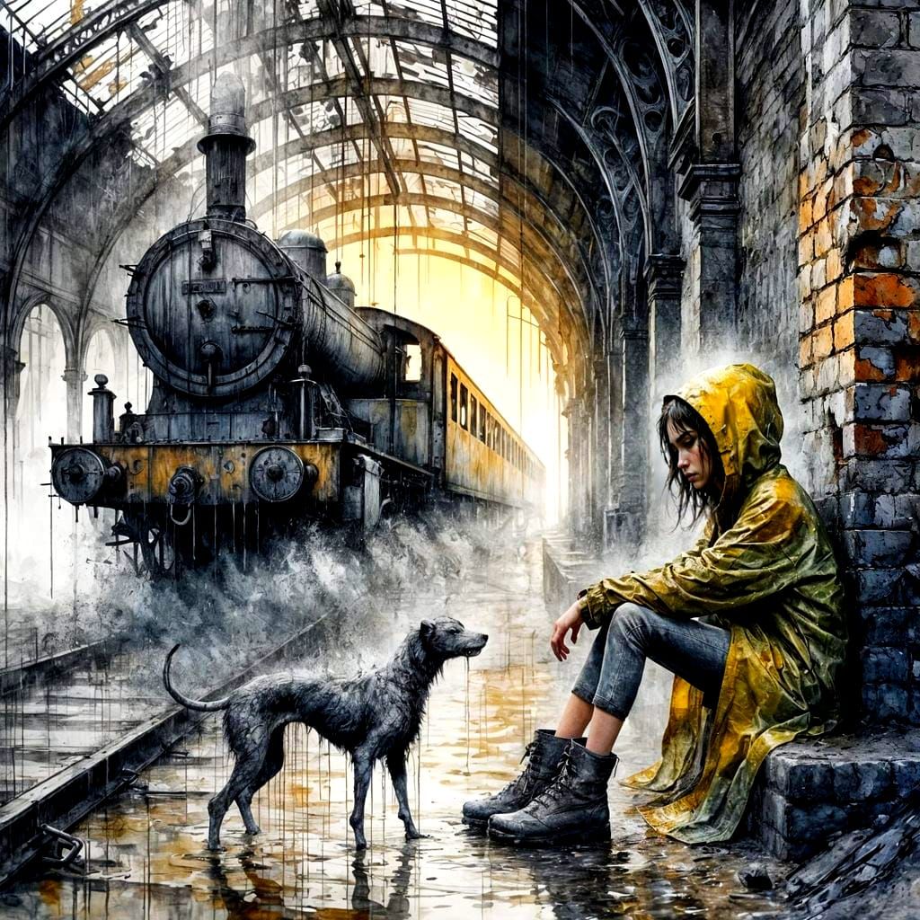Rain-Soaked Station: Emotional Scene in Symbolism Style