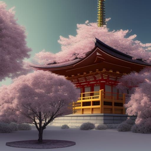 Sakura Tree and Japanese Temple in Winter