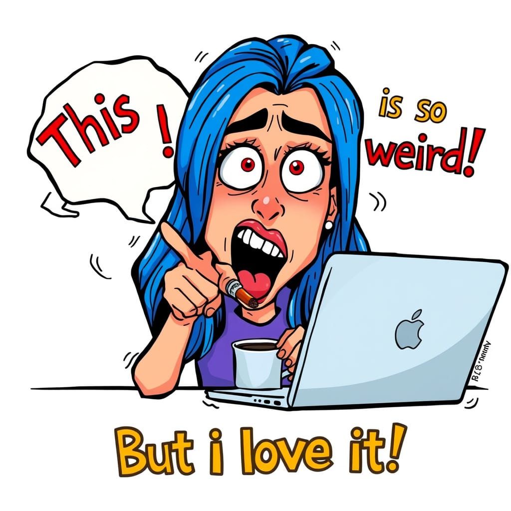 A cartoon woman style of R. CRUMB  with long blue hair at a ...