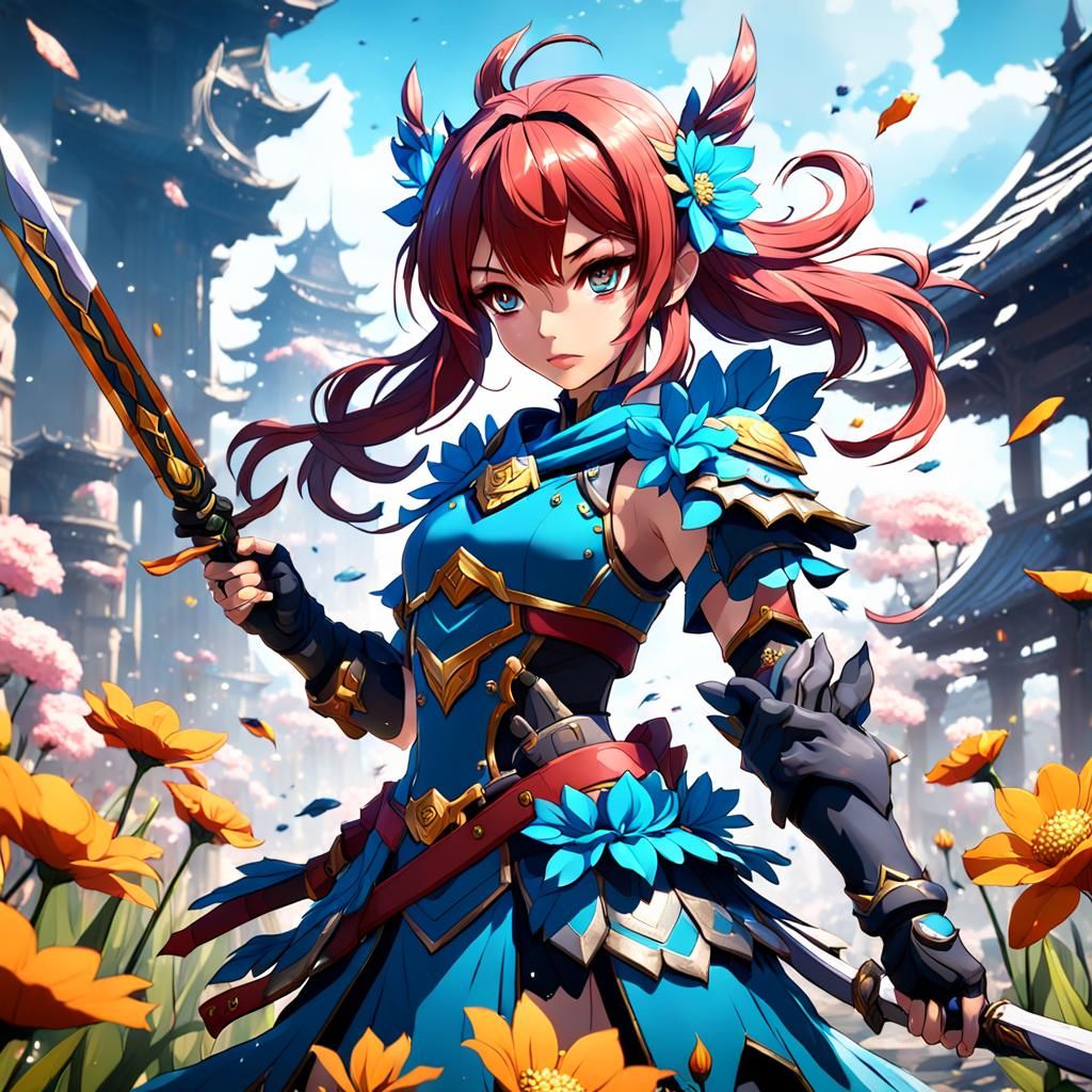 Anime Flower Warrior Girl in Detailed Matte Painting