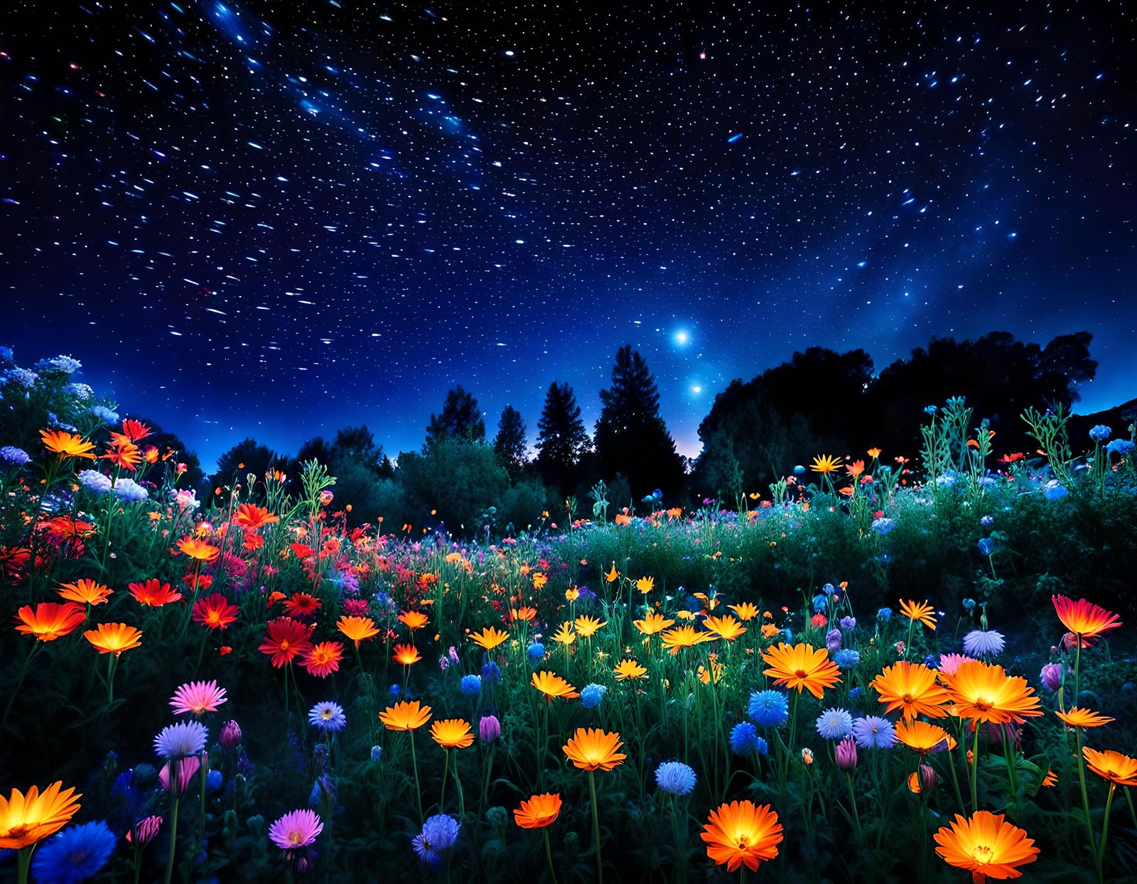 Magical Flower Garden Under Supernatural Night Sky