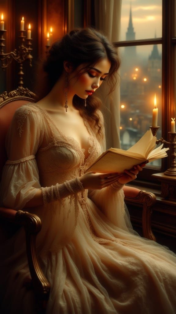 Woman Reading Letter by Candlelight in Antique Watercolor St...