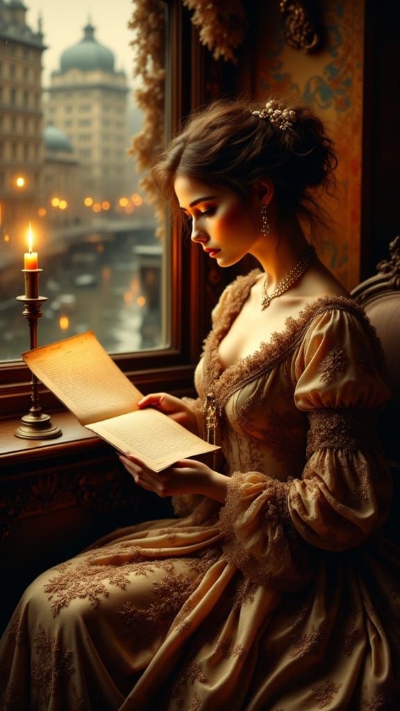 Woman Reading Letter by Candlelight in Antique Watercolor St...