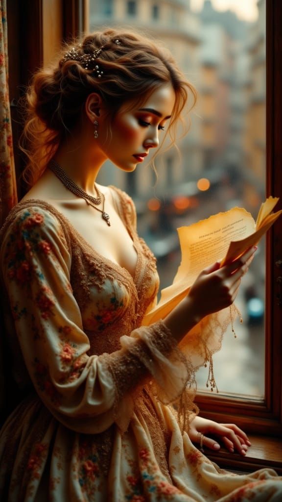 Woman Reading Letter in Antique Watercolor Style