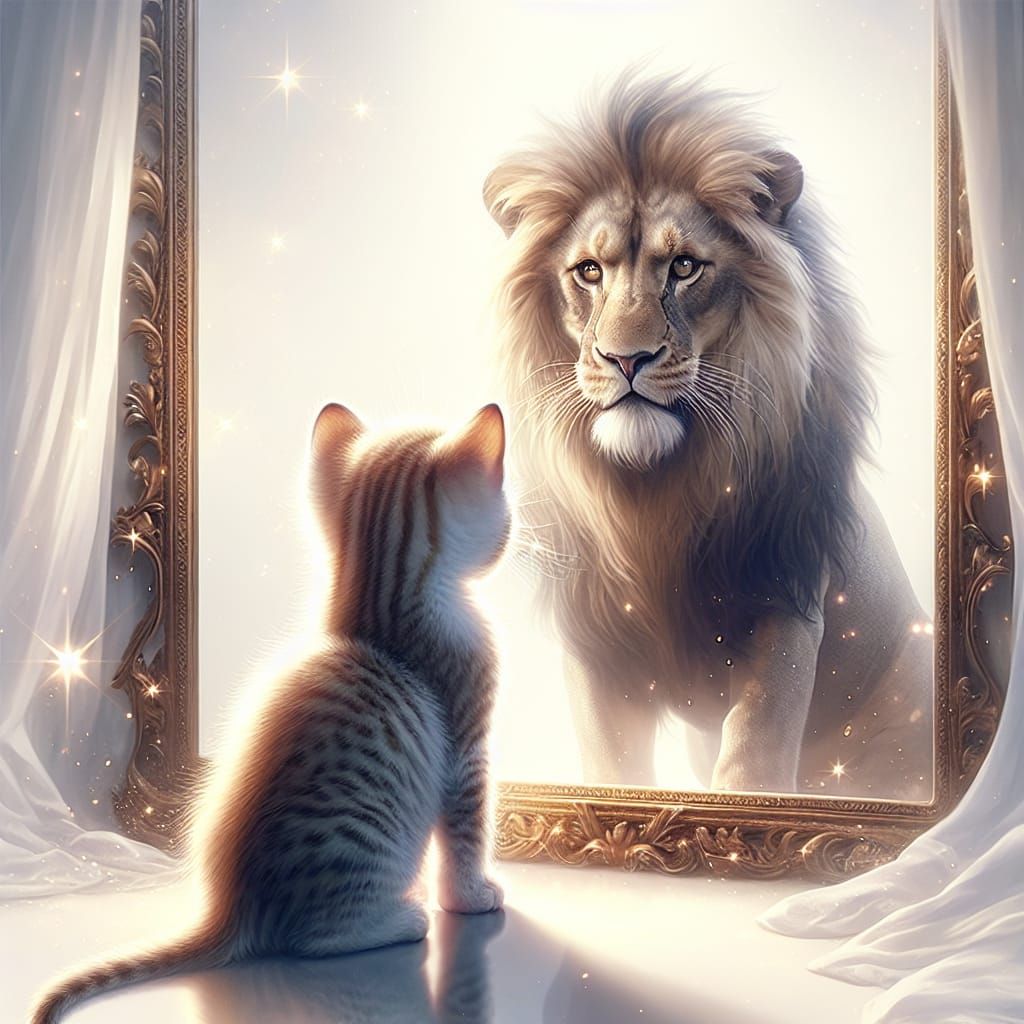 Kitten's Magical Reflection: Seeing a Lion in the Mirror