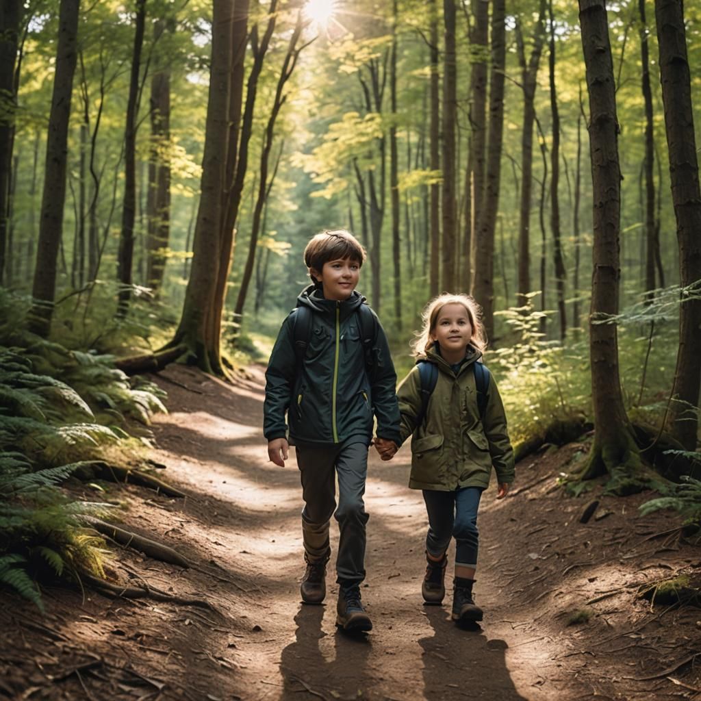 Children Hiking a Sunlit Path in the Woods