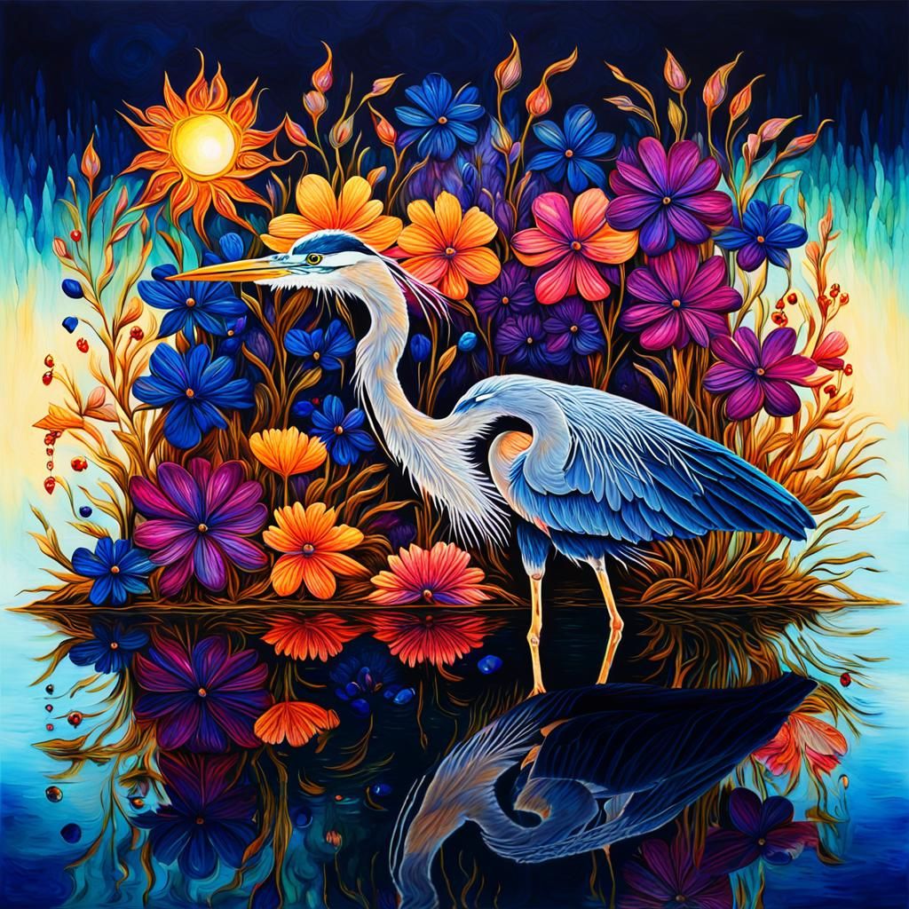 Bioluminescent Heron in Jewel-Toned Crystal Landscape