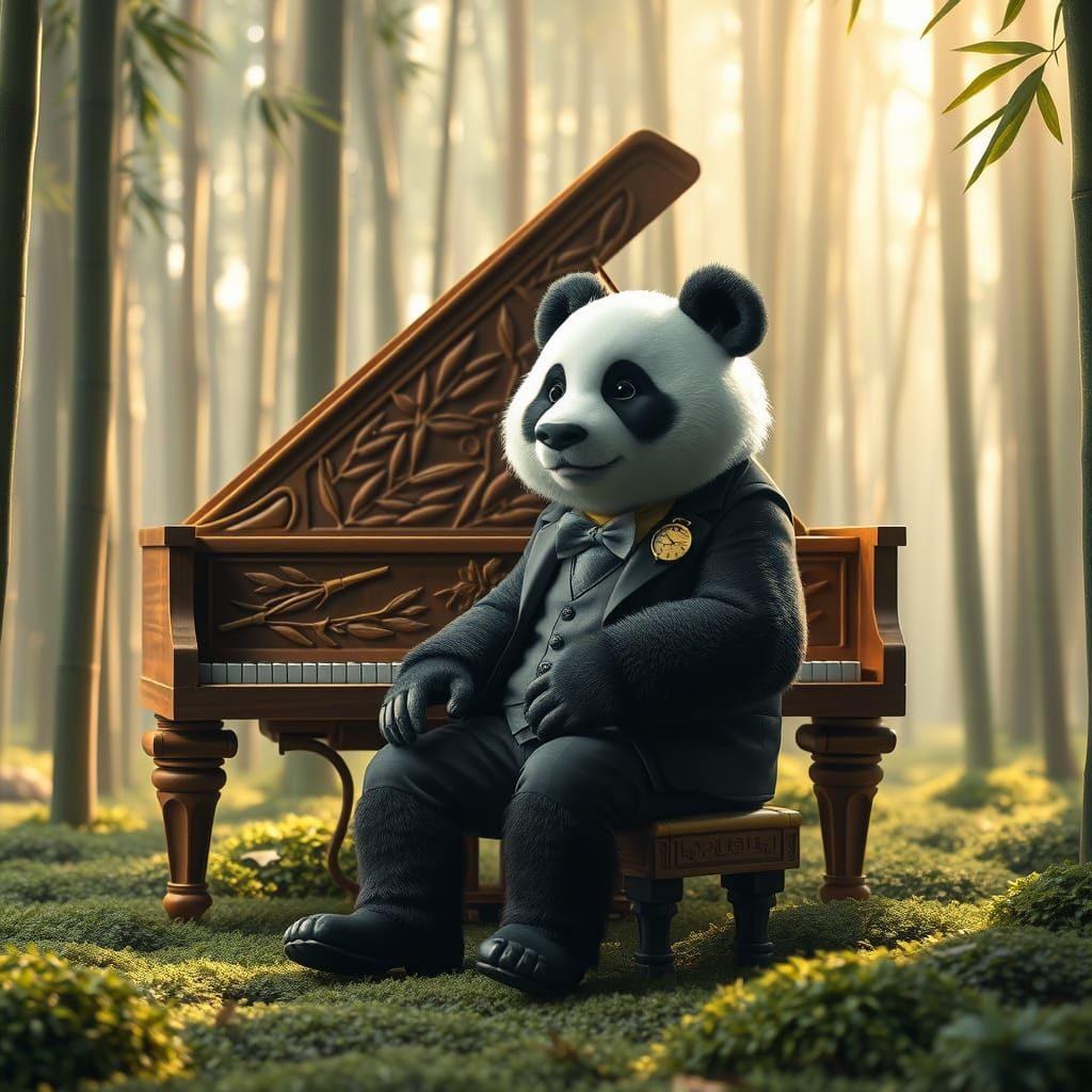 Elegant Panda Enjoys Bamboo Forest Serenade in Bespoke Attir...