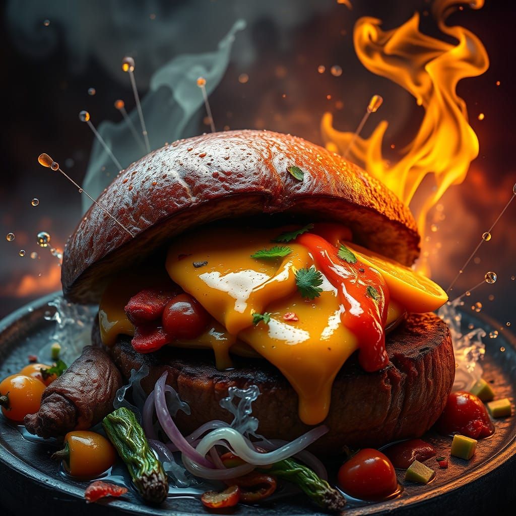 Surreal Jamaican Gourmet Burger in Vibrant Fantasy Landscape...